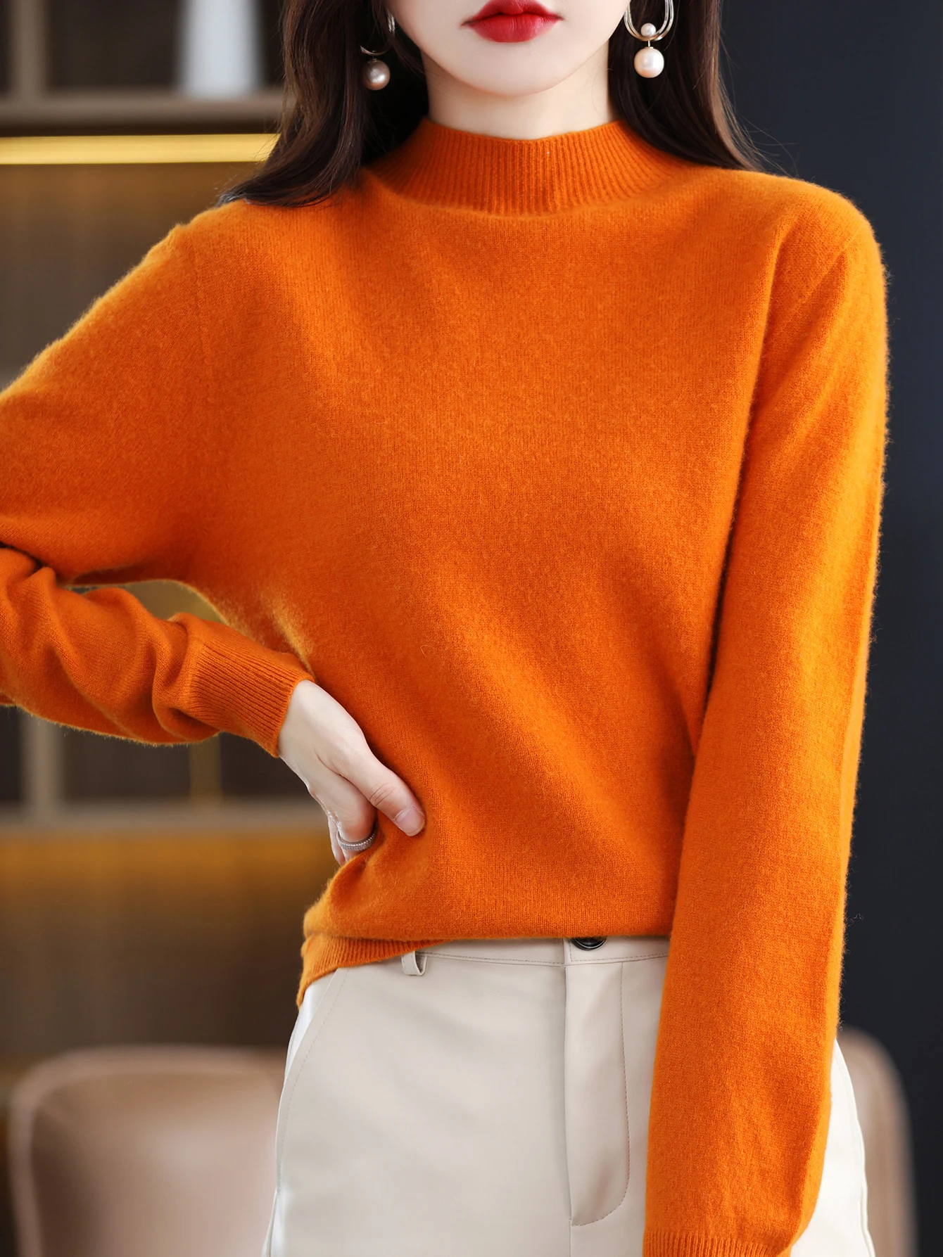 100% Merino Wool Sweater Women Mock Neck Sweater Fall Winter Basic Soft Warm Pullovers Long Sleeve Knit Wool Tops Female Clothes