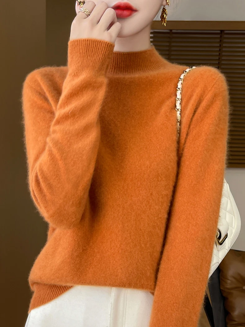 100% Merino Wool Sweater Women Mock Neck Sweater Fall Winter Basic Soft Warm Pullovers Long Sleeve Knit Wool Tops Female Clothes
