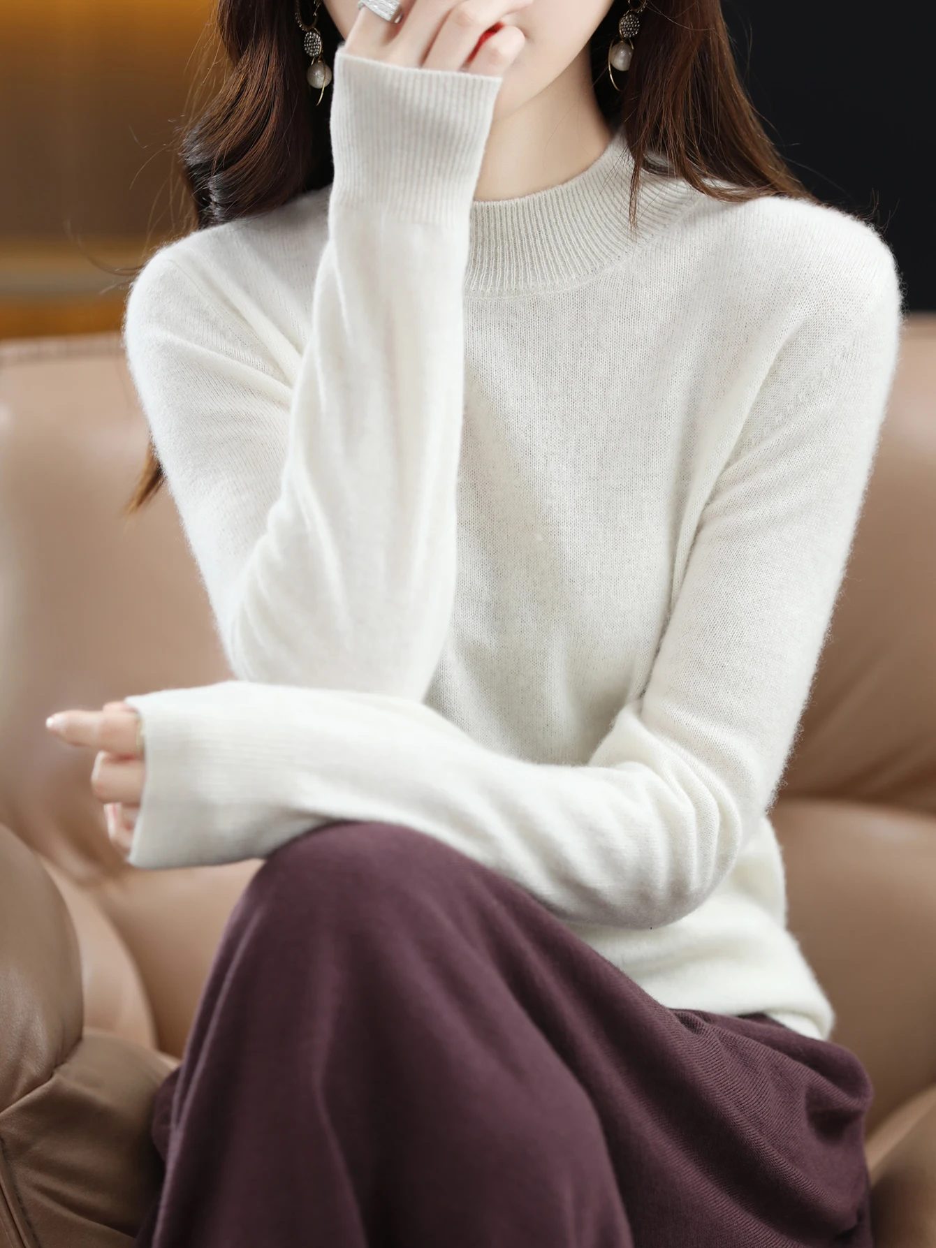 100% Merino Wool Sweater Women Mock Neck Sweater Fall Winter Basic Soft Warm Pullovers Long Sleeve Knit Wool Tops Female Clothes