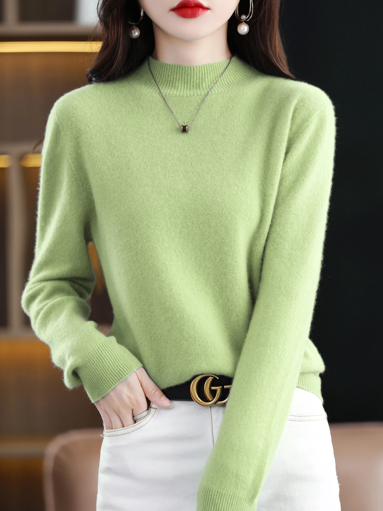 100% Merino Wool Sweater Women Mock Neck Sweater Fall Winter Basic Soft Warm Pullovers Long Sleeve Knit Wool Tops Female Clothes