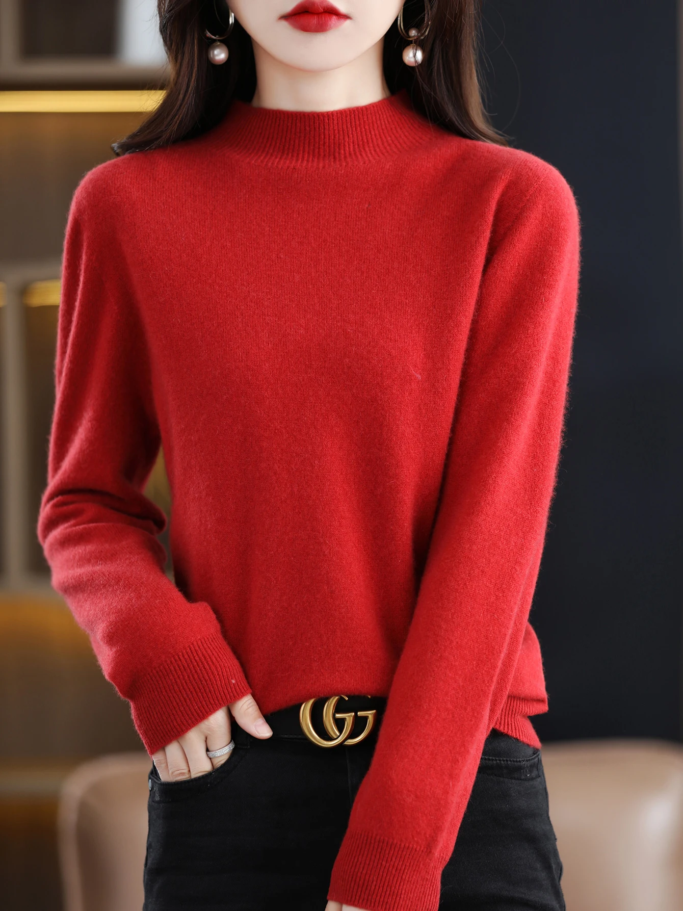100% Merino Wool Sweater Women Mock Neck Sweater Fall Winter Basic Soft Warm Pullovers Long Sleeve Knit Wool Tops Female Clothes
