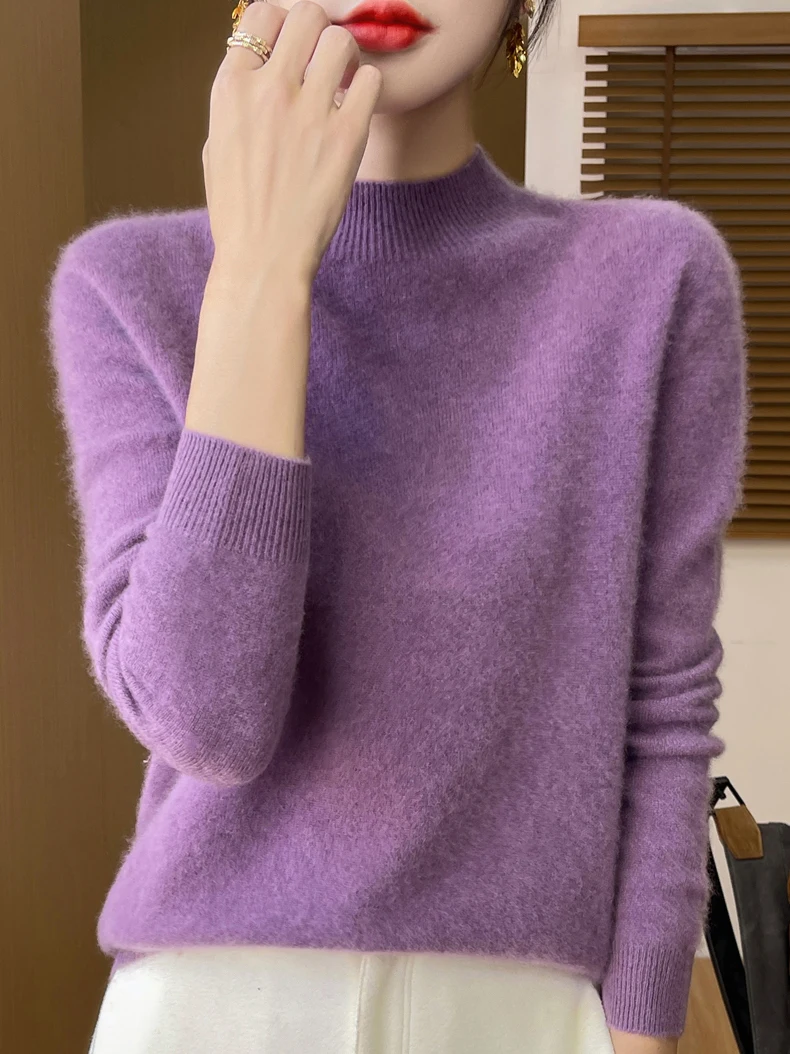 100% Merino Wool Sweater Women Mock Neck Sweater Fall Winter Basic Soft Warm Pullovers Long Sleeve Knit Wool Tops Female Clothes