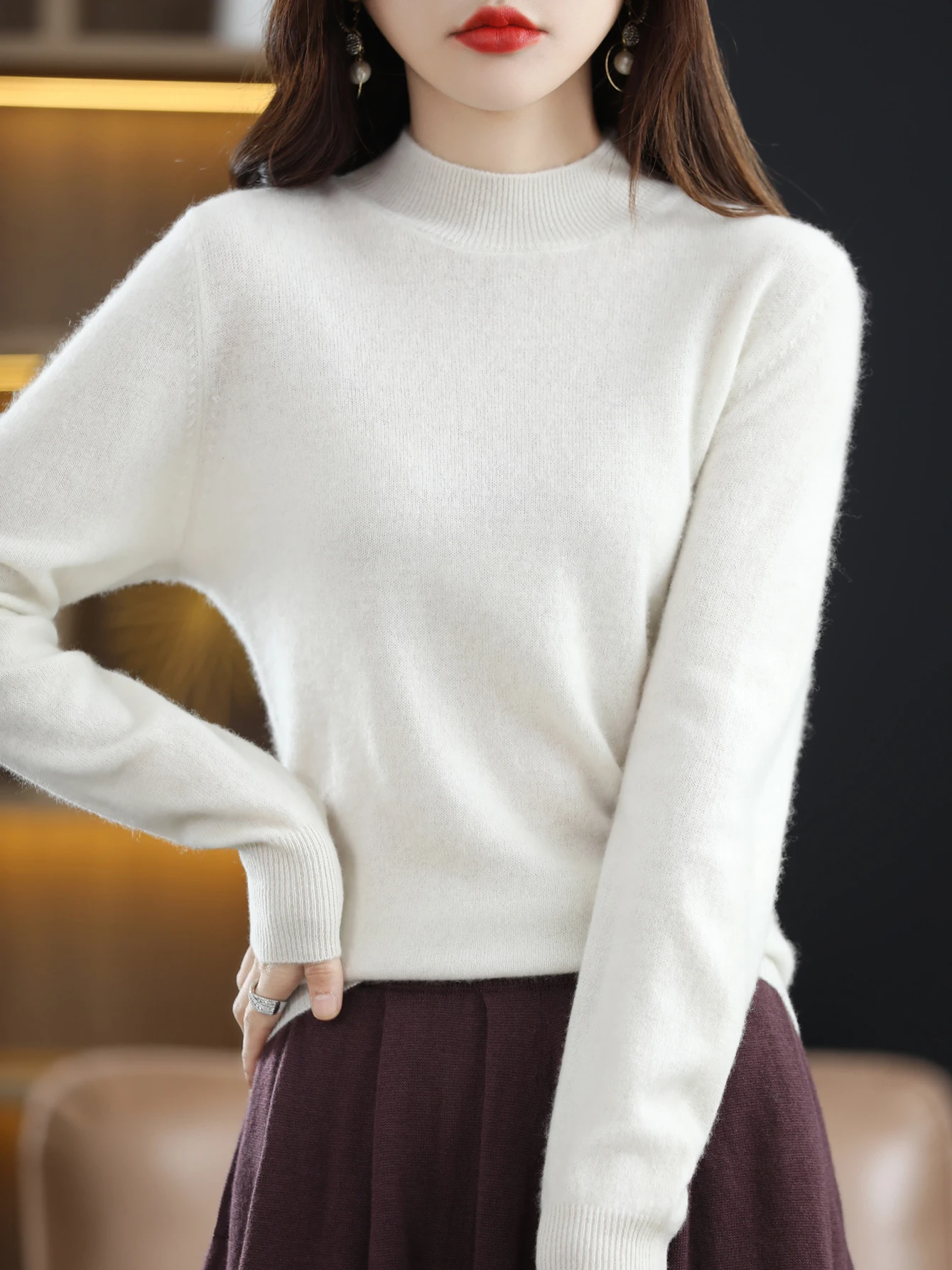 100% Merino Wool Sweater Women Mock Neck Sweater Fall Winter Basic Soft Warm Pullovers Long Sleeve Knit Wool Tops Female Clothes