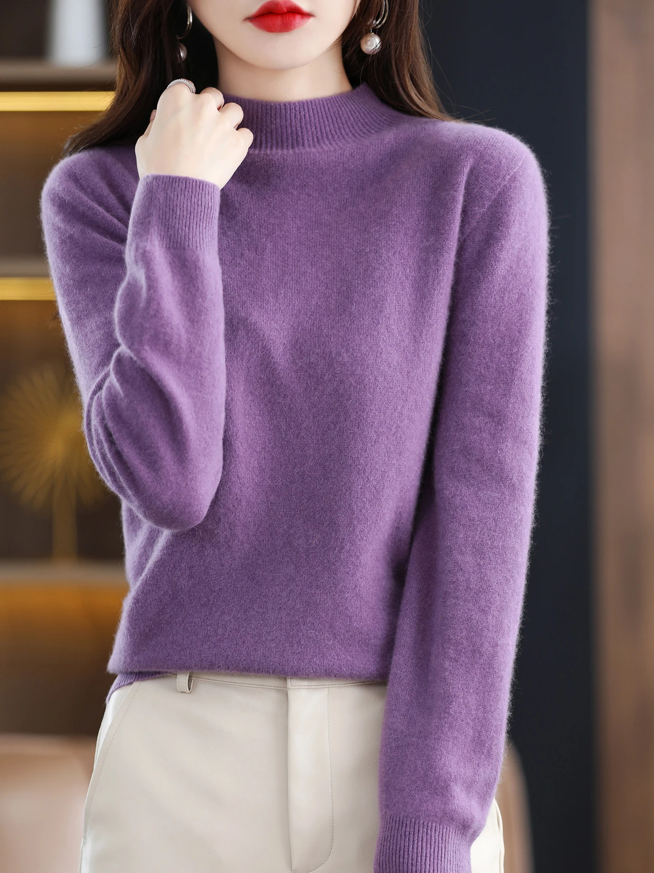 100% Merino Wool Sweater Women Mock Neck Sweater Fall Winter Basic Soft Warm Pullovers Long Sleeve Knit Wool Tops Female Clothes