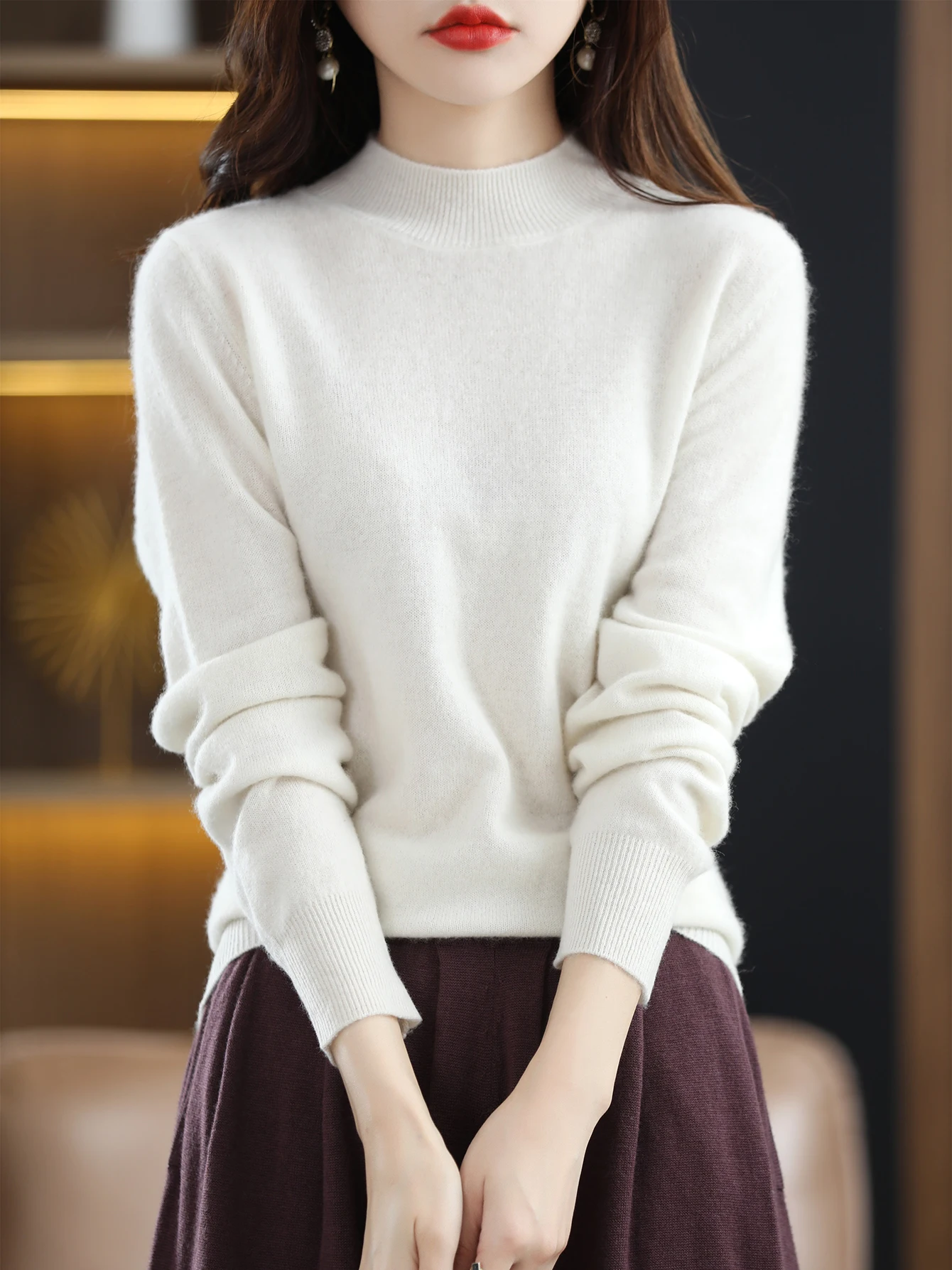 100% Merino Wool Sweater Women Mock Neck Sweater Fall Winter Basic Soft Warm Pullovers Long Sleeve Knit Wool Tops Female Clothes