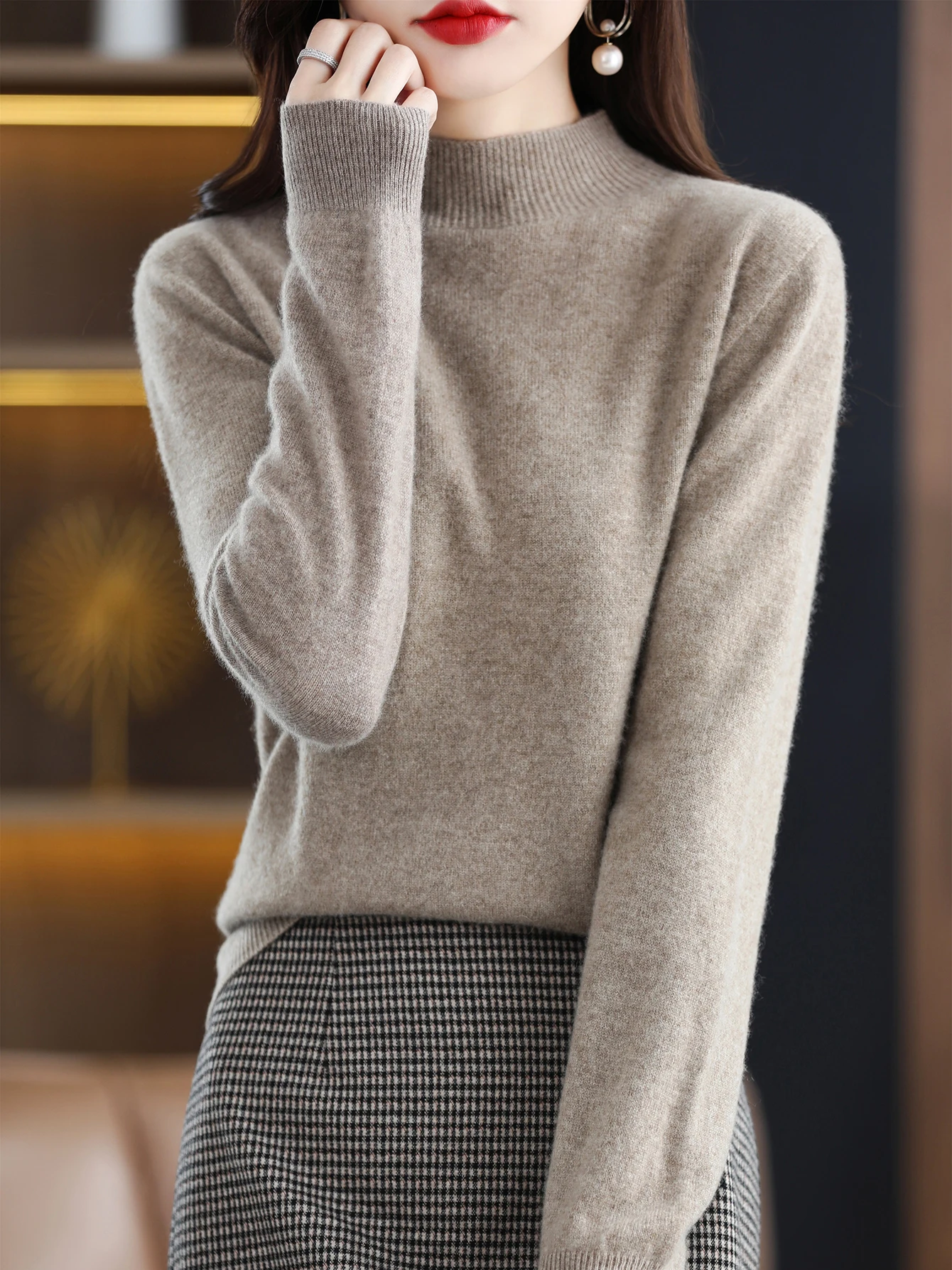 100% Merino Wool Sweater Women Mock Neck Sweater Fall Winter Basic Soft Warm Pullovers Long Sleeve Knit Wool Tops Female Clothes