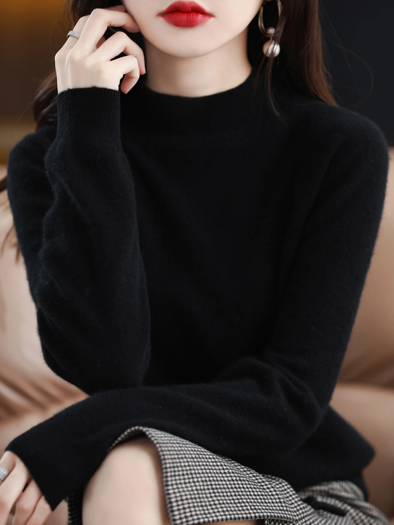 100% Merino Wool Sweater Women Mock Neck Sweater Fall Winter Basic Soft Warm Pullovers Long Sleeve Knit Wool Tops Female Clothes