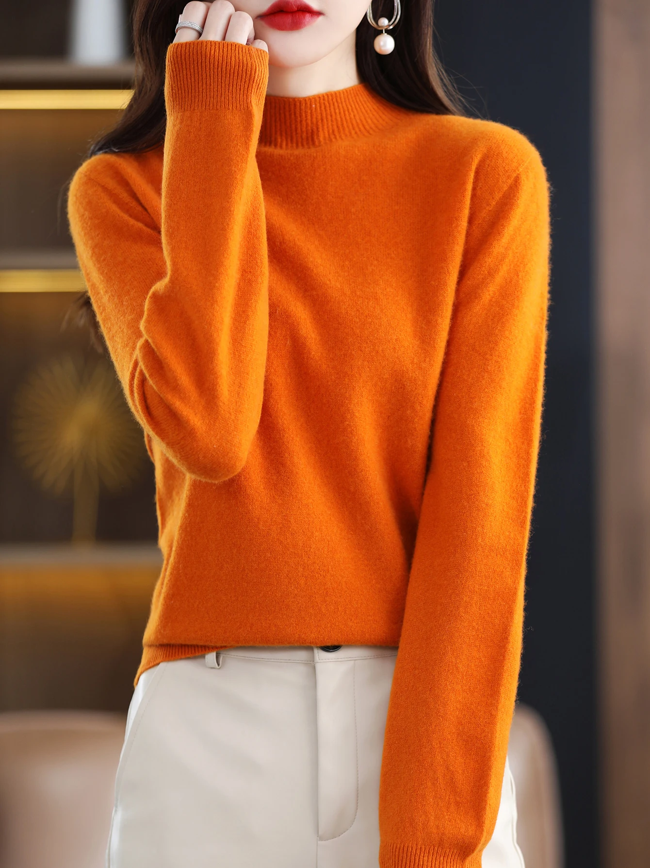 100% Merino Wool Sweater Women Mock Neck Sweater Fall Winter Basic Soft Warm Pullovers Long Sleeve Knit Wool Tops Female Clothes