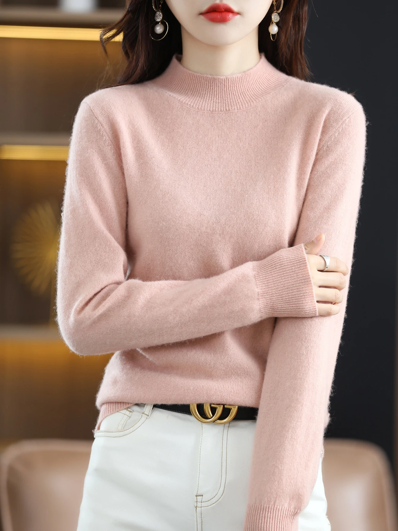100% Merino Wool Sweater Women Mock Neck Sweater Fall Winter Basic Soft Warm Pullovers Long Sleeve Knit Wool Tops Female Clothes