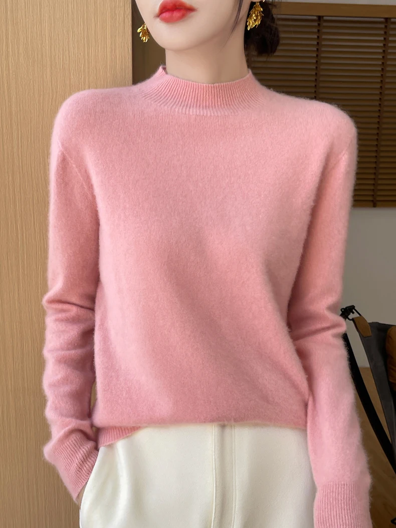 100% Merino Wool Sweater Women Mock Neck Sweater Fall Winter Basic Soft Warm Pullovers Long Sleeve Knit Wool Tops Female Clothes