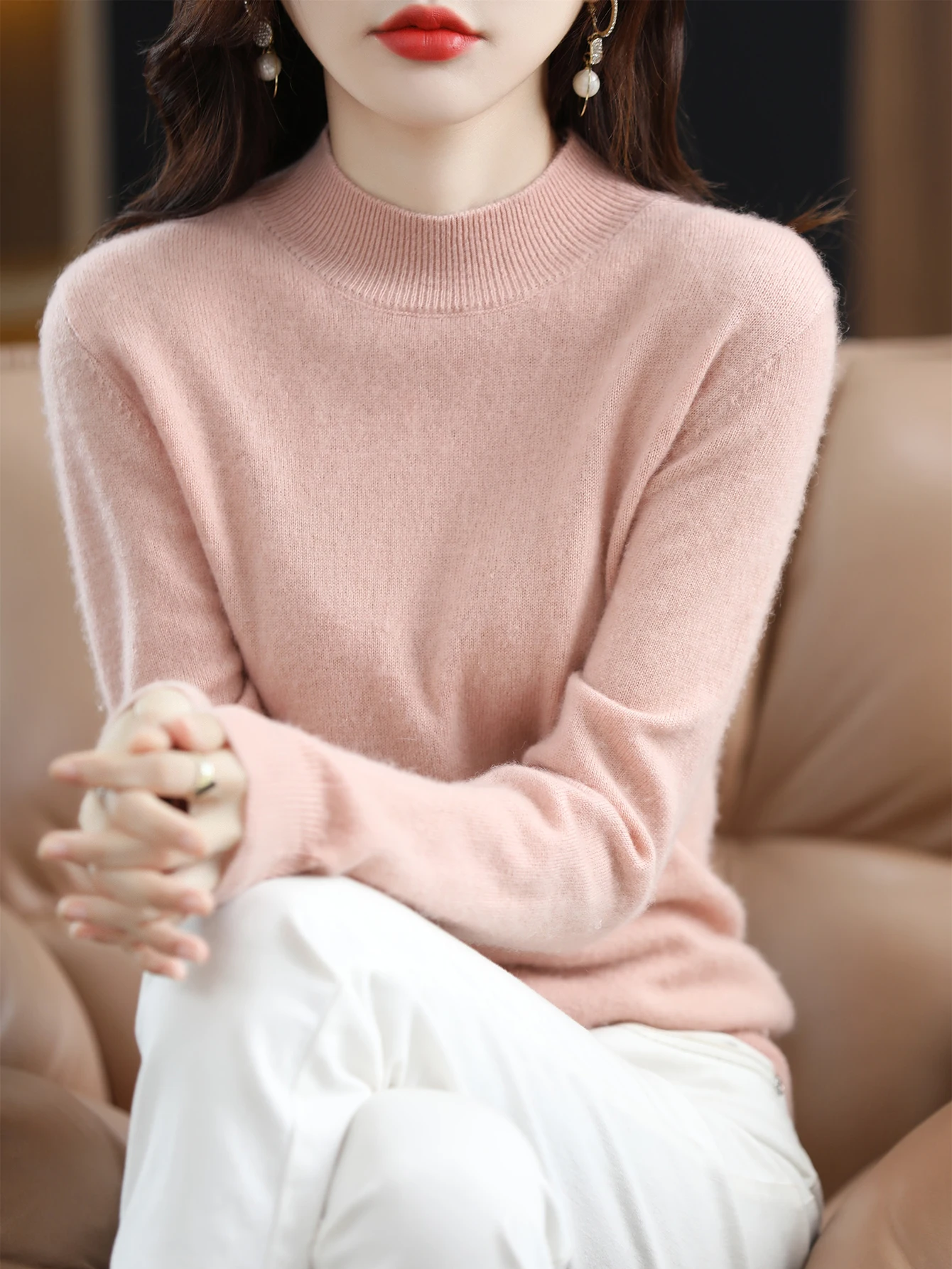 100% Merino Wool Sweater Women Mock Neck Sweater Fall Winter Basic Soft Warm Pullovers Long Sleeve Knit Wool Tops Female Clothes