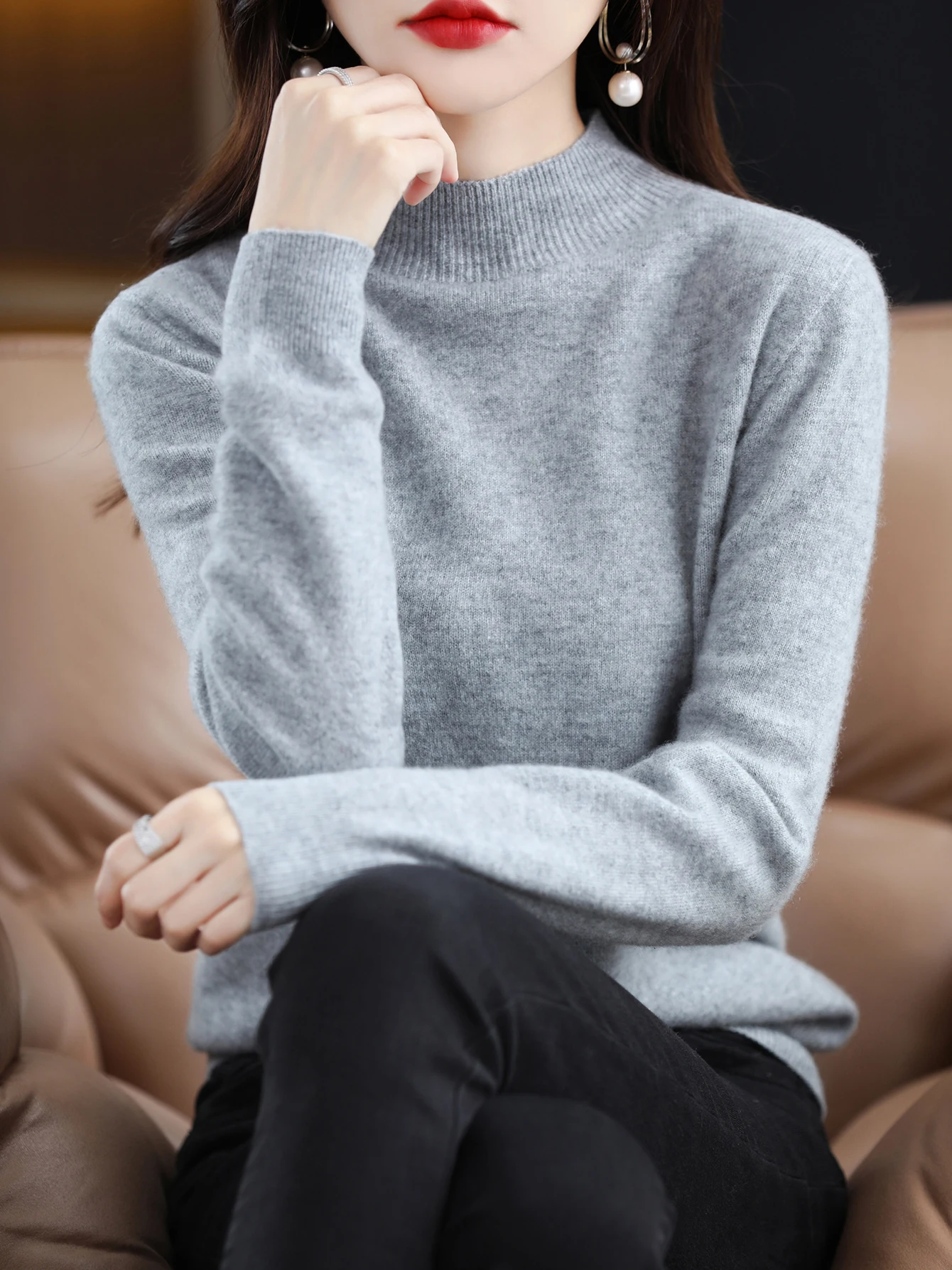 100% Merino Wool Sweater Women Mock Neck Sweater Fall Winter Basic Soft Warm Pullovers Long Sleeve Knit Wool Tops Female Clothes