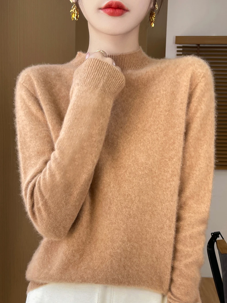 100% Merino Wool Sweater Women Mock Neck Sweater Fall Winter Basic Soft Warm Pullovers Long Sleeve Knit Wool Tops Female Clothes