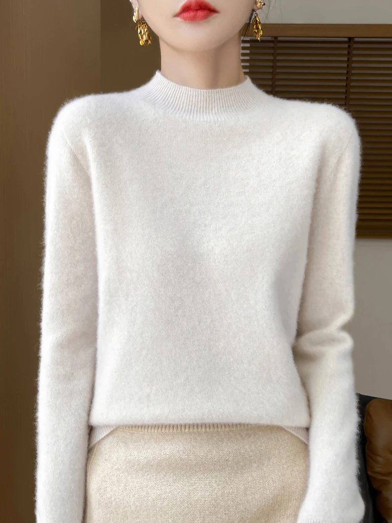 100% Merino Wool Sweater Women Mock Neck Sweater Fall Winter Basic Soft Warm Pullovers Long Sleeve Knit Wool Tops Female Clothes