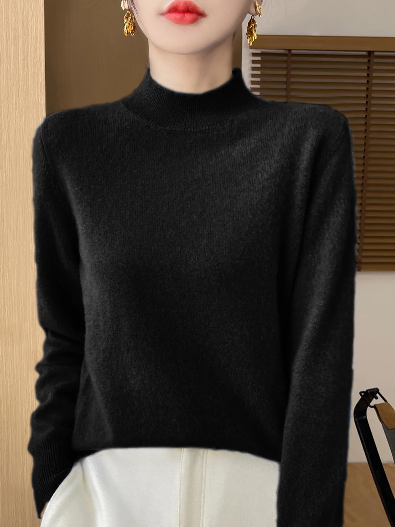 100% Merino Wool Sweater Women Mock Neck Sweater Fall Winter Basic Soft Warm Pullovers Long Sleeve Knit Wool Tops Female Clothes
