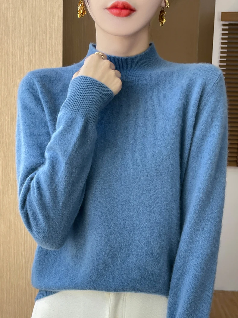 100% Merino Wool Sweater Women Mock Neck Sweater Fall Winter Basic Soft Warm Pullovers Long Sleeve Knit Wool Tops Female Clothes