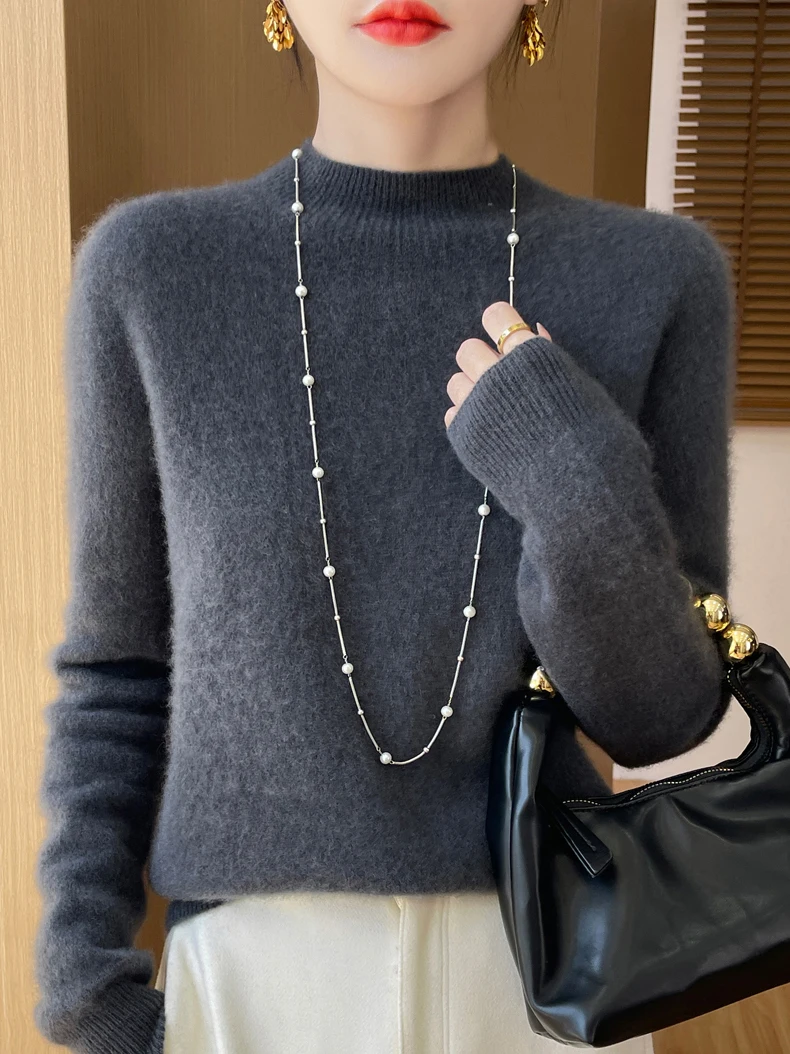 100% Merino Wool Sweater Women Mock Neck Sweater Fall Winter Basic Soft Warm Pullovers Long Sleeve Knit Wool Tops Female Clothes