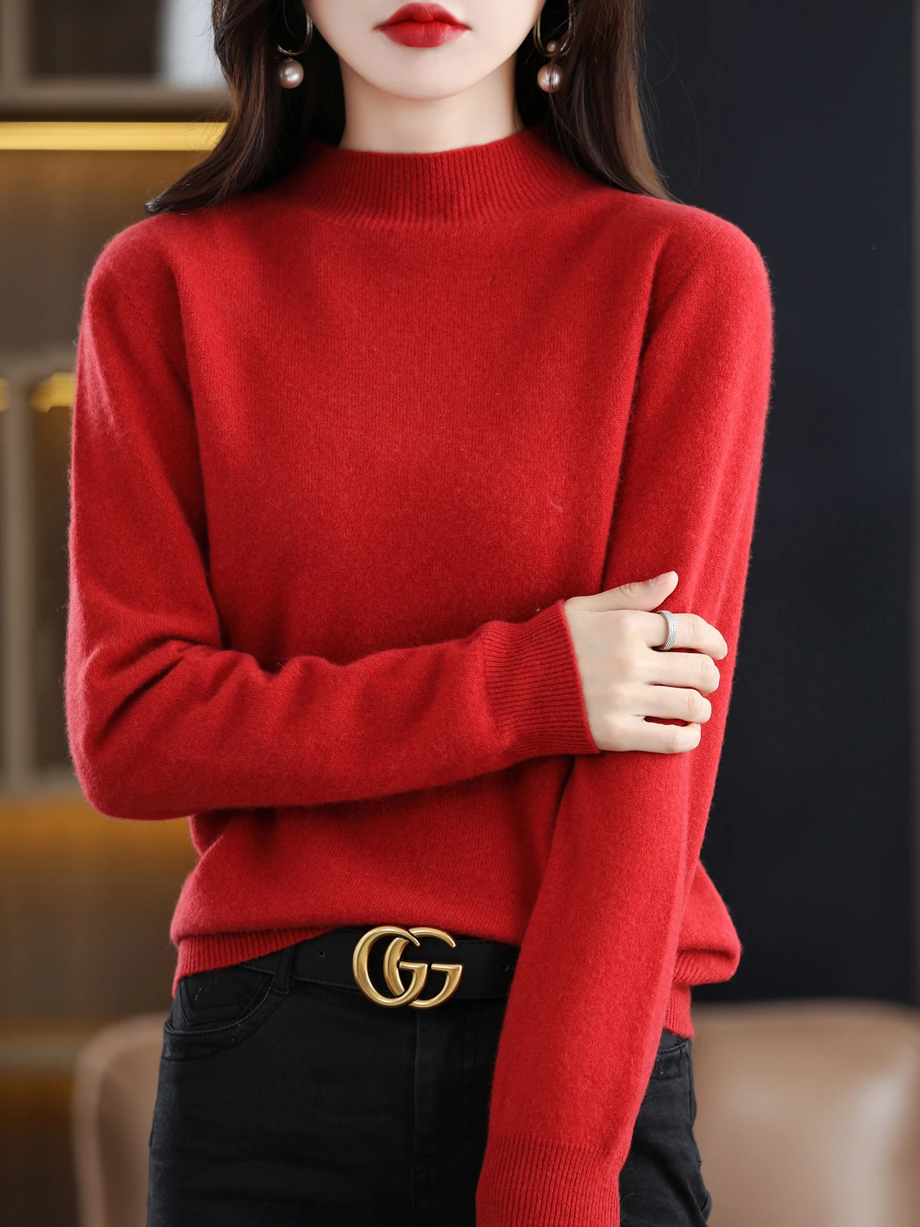 100% Merino Wool Sweater Women Mock Neck Sweater Fall Winter Basic Soft Warm Pullovers Long Sleeve Knit Wool Tops Female Clothes