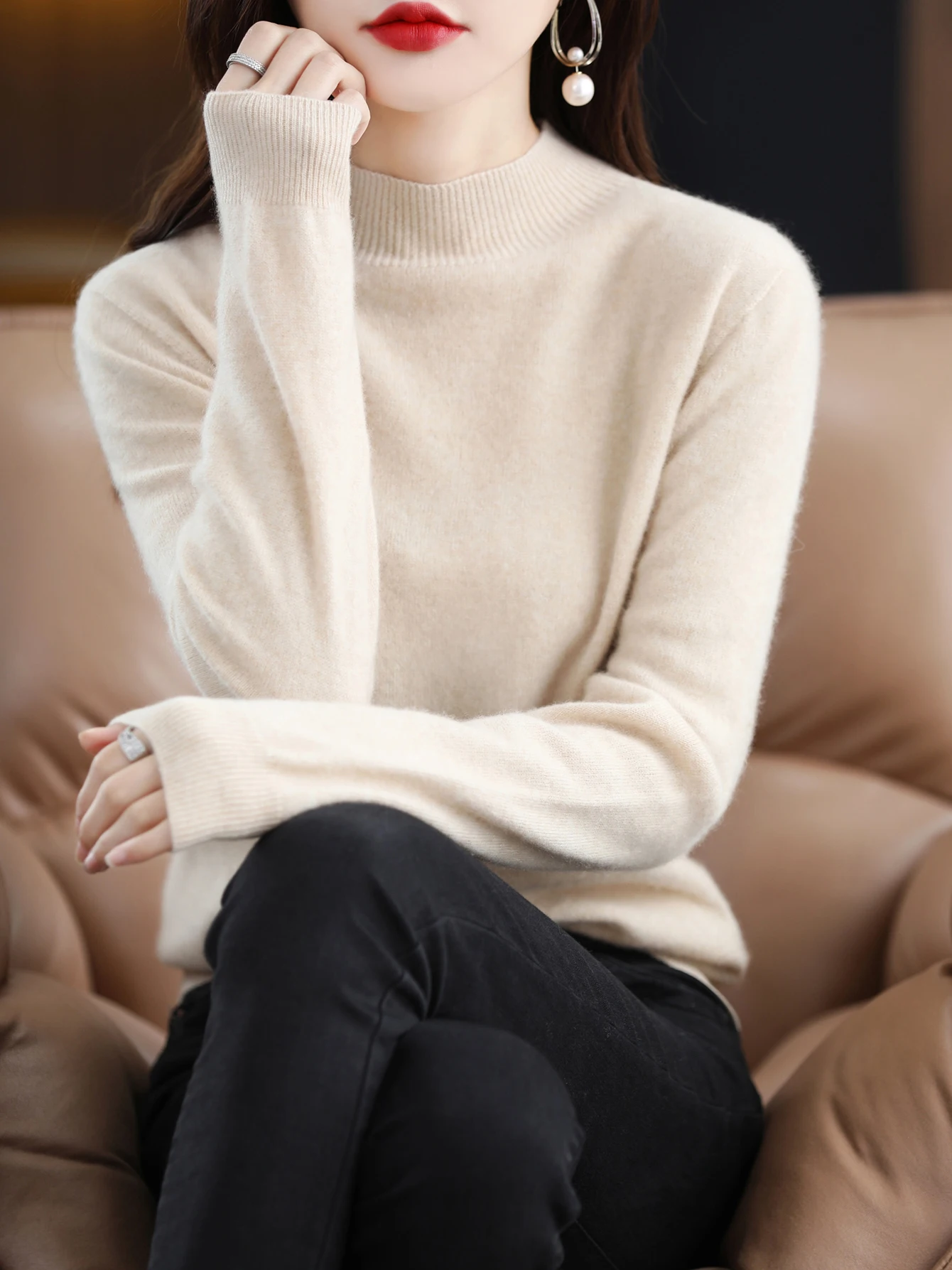 100% Merino Wool Sweater Women Mock Neck Sweater Fall Winter Basic Soft Warm Pullovers Long Sleeve Knit Wool Tops Female Clothes