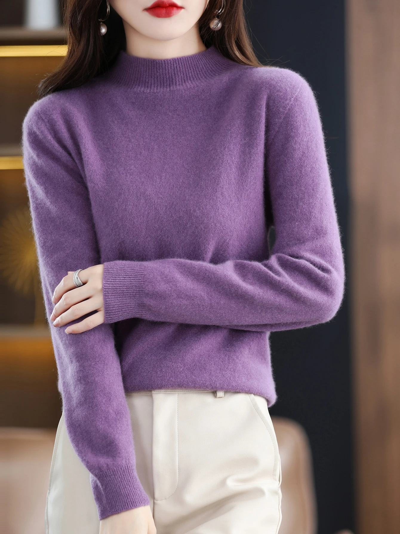 100% Merino Wool Sweater Women Mock Neck Sweater Fall Winter Basic Soft Warm Pullovers Long Sleeve Knit Wool Tops Female Clothes
