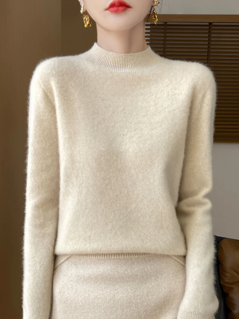 100% Merino Wool Sweater Women Mock Neck Sweater Fall Winter Basic Soft Warm Pullovers Long Sleeve Knit Wool Tops Female Clothes