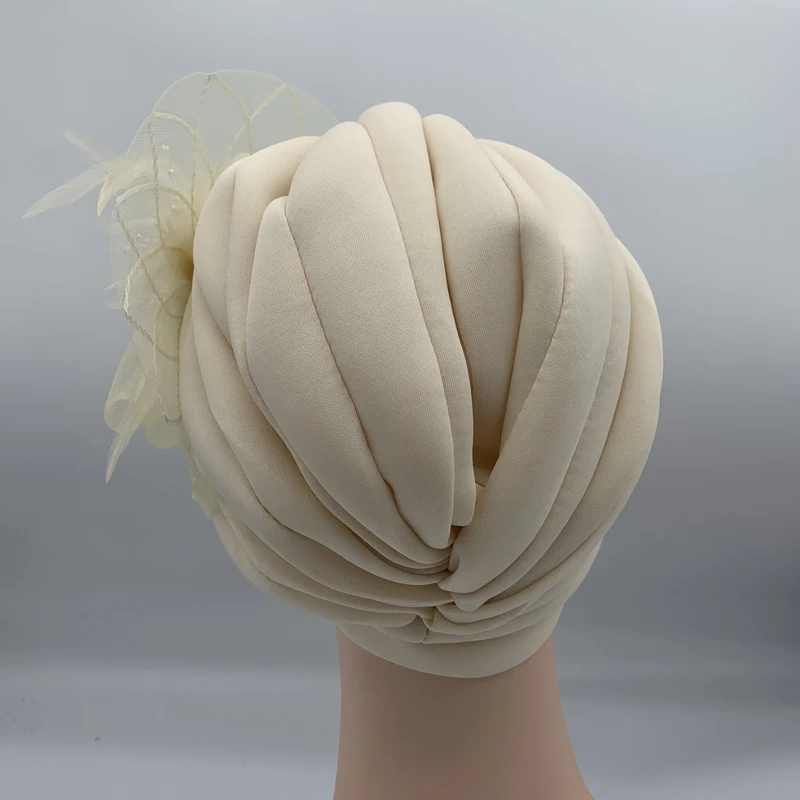 2023 New Feather Flower Turban Hats for Women Female Headwrap Ready to Wear Hijab Caps Muslim Headscarf Bonnet Turbante Mujer