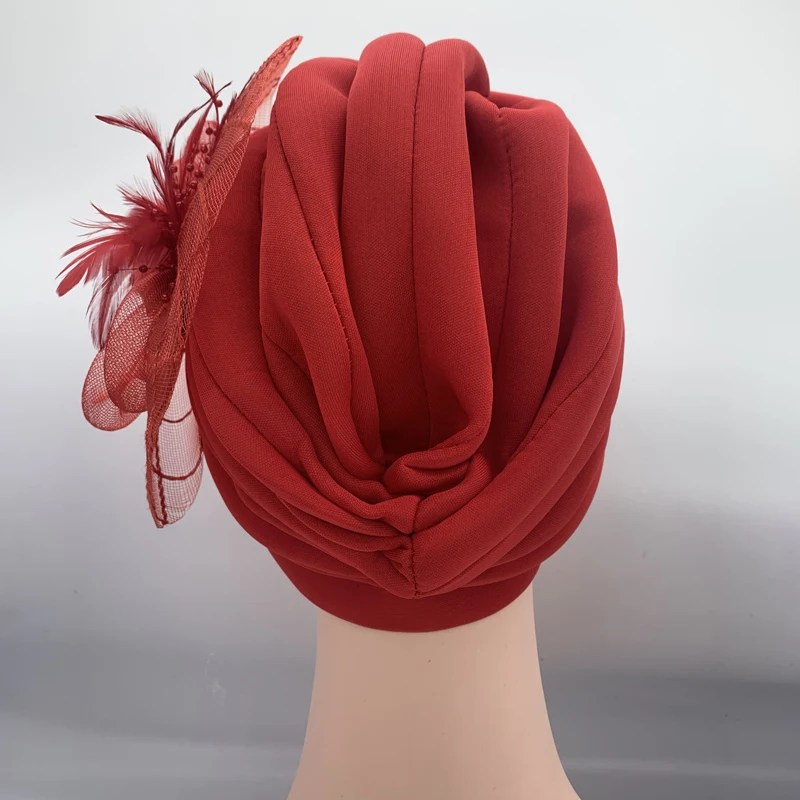 2023 New Feather Flower Turban Hats for Women Female Headwrap Ready to Wear Hijab Caps Muslim Headscarf Bonnet Turbante Mujer