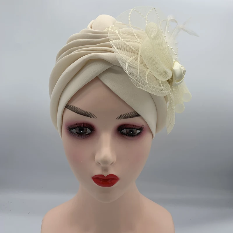 2023 New Feather Flower Turban Hats for Women Female Headwrap Ready to Wear Hijab Caps Muslim Headscarf Bonnet Turbante Mujer