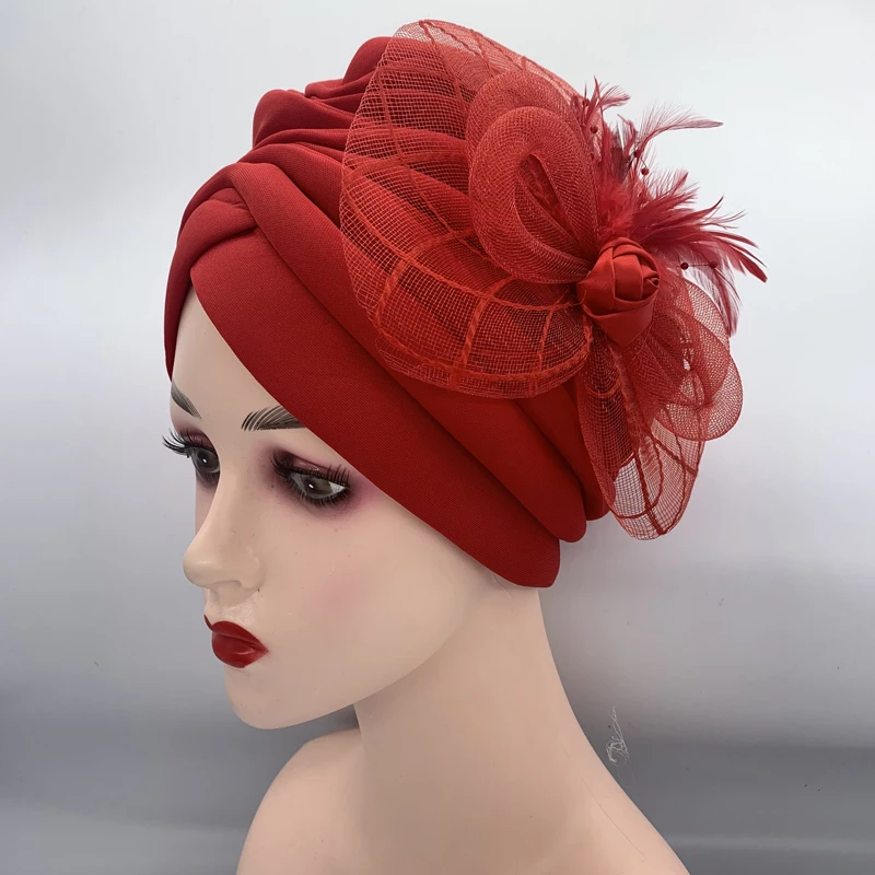2023 New Feather Flower Turban Hats for Women Female Headwrap Ready to Wear Hijab Caps Muslim Headscarf Bonnet Turbante Mujer