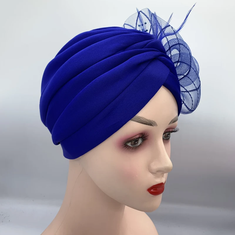 2023 New Feather Flower Turban Hats for Women Female Headwrap Ready to Wear Hijab Caps Muslim Headscarf Bonnet Turbante Mujer