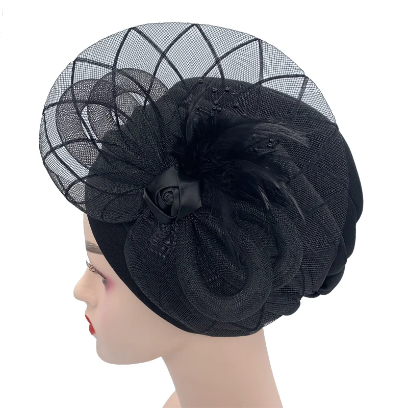 2023 New Feather Flower Turban Hats for Women Female Headwrap Ready to Wear Hijab Caps Muslim Headscarf Bonnet Turbante Mujer