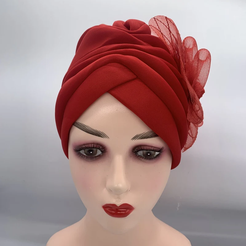 2023 New Feather Flower Turban Hats for Women Female Headwrap Ready to Wear Hijab Caps Muslim Headscarf Bonnet Turbante Mujer