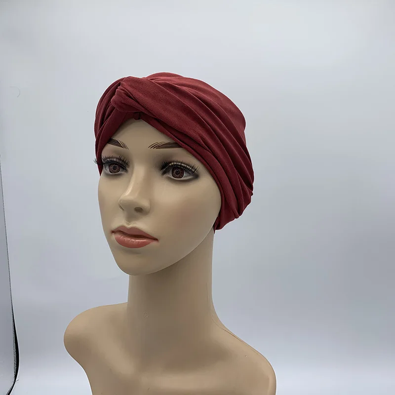Fashion Women Cross Twist Suede Turban Caps Soild Color Female Headscarf Bonnet Muslim Hijab Cap Islamic Under Scarf India Hat