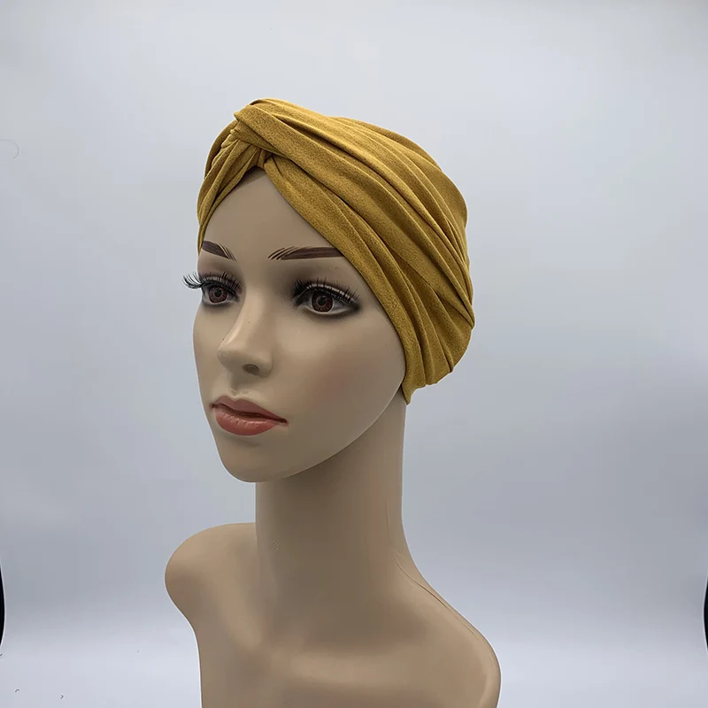 Fashion Women Cross Twist Suede Turban Caps Soild Color Female Headscarf Bonnet Muslim Hijab Cap Islamic Under Scarf India Hat