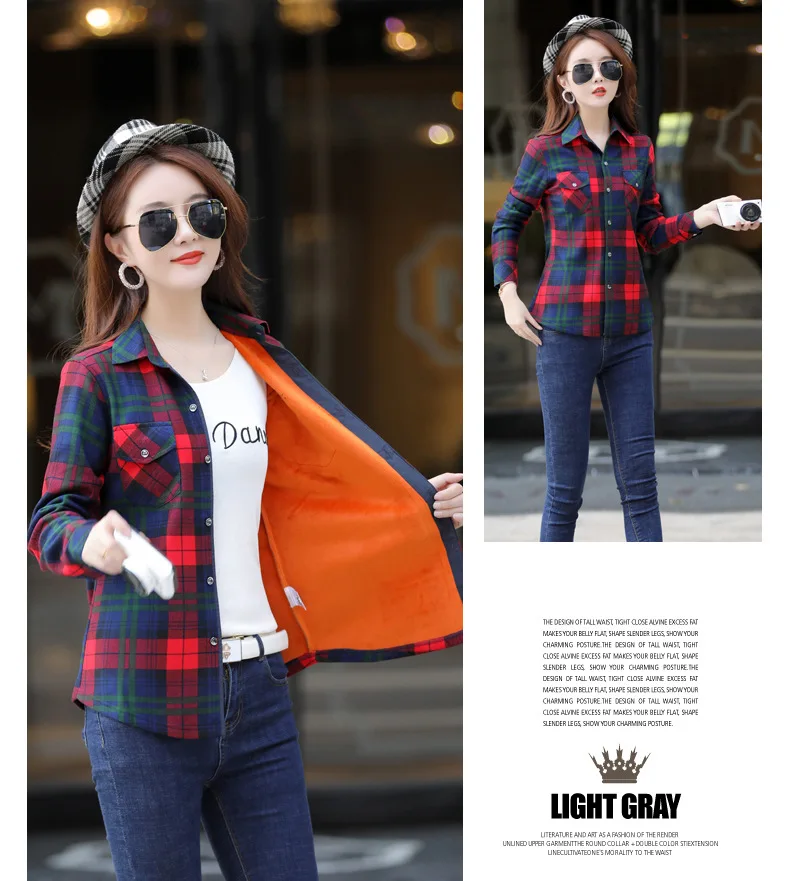 Velvet Thick Warm Women Plaid Shirt Female Fleece Tops Oversized M-4XL Women's Coat Winter Fit Blusas Femininas Chemise Femme