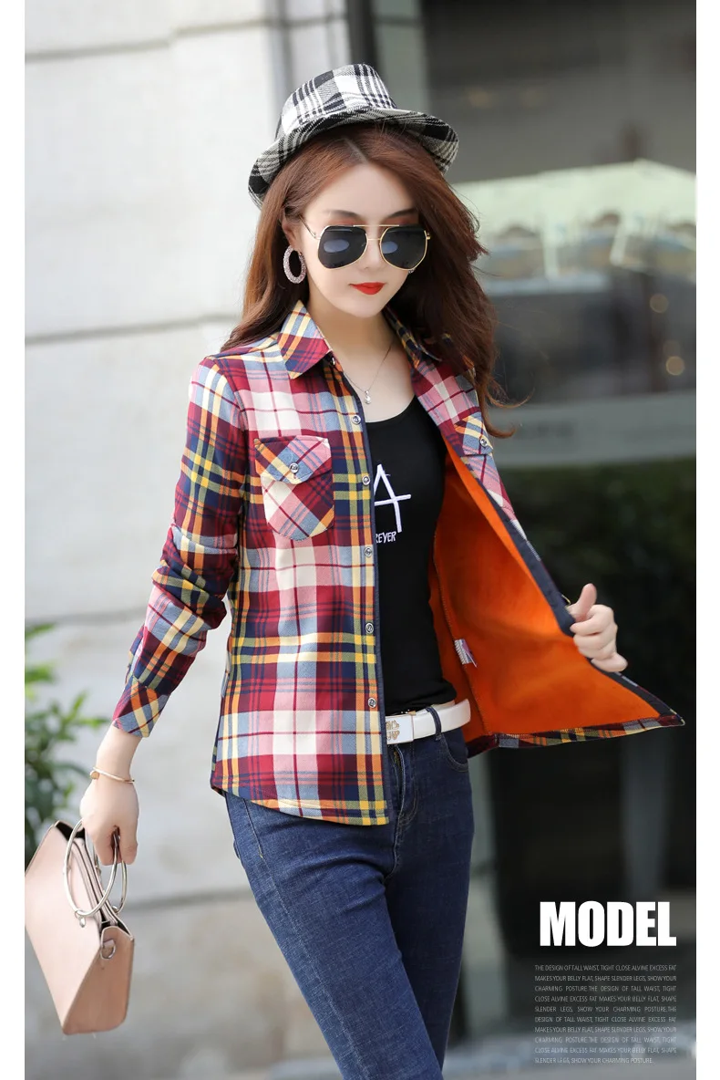 Velvet Thick Warm Women Plaid Shirt Female Fleece Tops Oversized M-4XL Women's Coat Winter Fit Blusas Femininas Chemise Femme