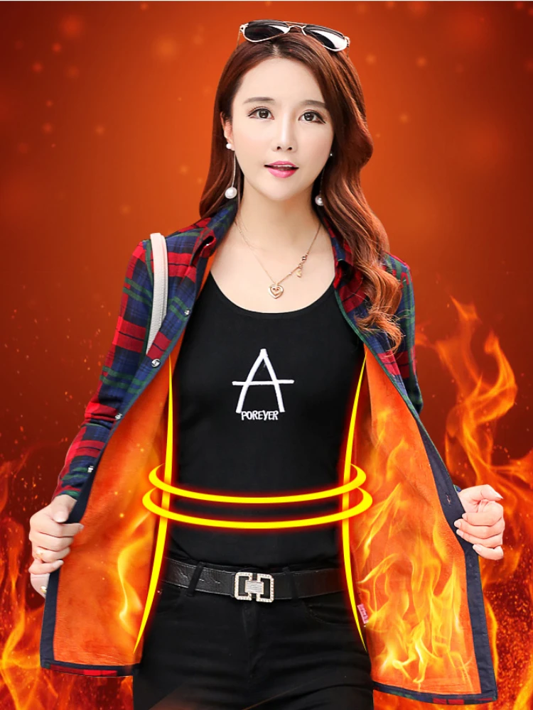 Velvet Thick Warm Women Plaid Shirt Female Fleece Tops Oversized M-4XL Women's Coat Winter Fit Blusas Femininas Chemise Femme