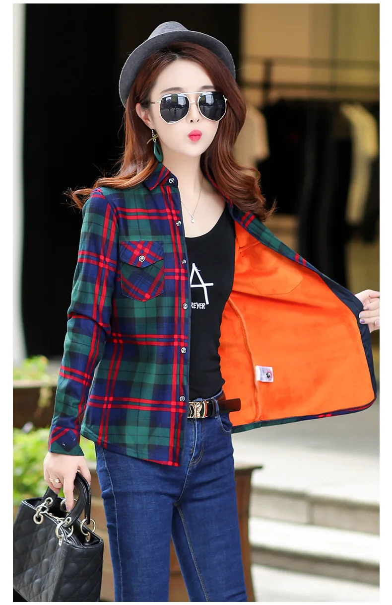 Velvet Thick Warm Women Plaid Shirt Female Fleece Tops Oversized M-4XL Women's Coat Winter Fit Blusas Femininas Chemise Femme