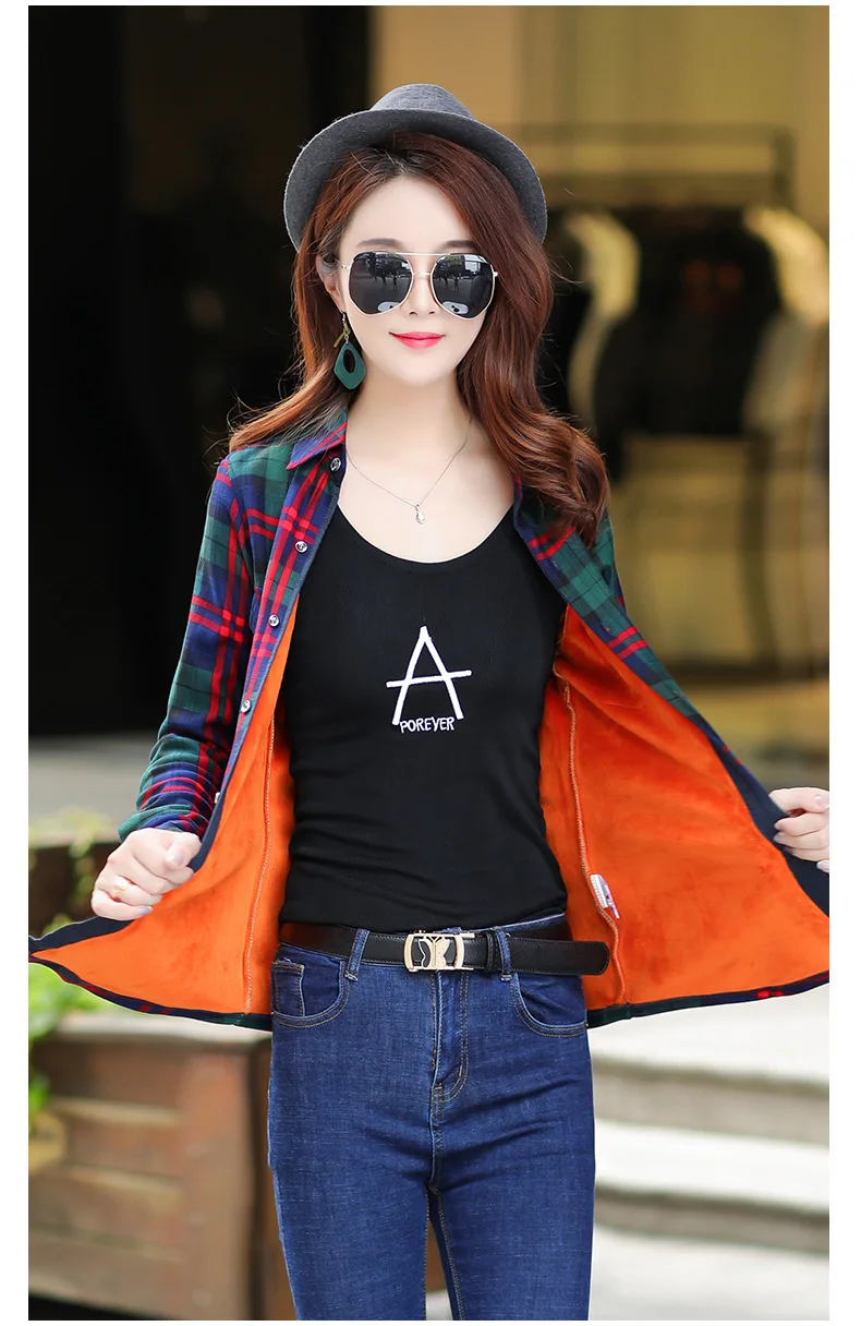 Velvet Thick Warm Women Plaid Shirt Female Fleece Tops Oversized M-4XL Women's Coat Winter Fit Blusas Femininas Chemise Femme