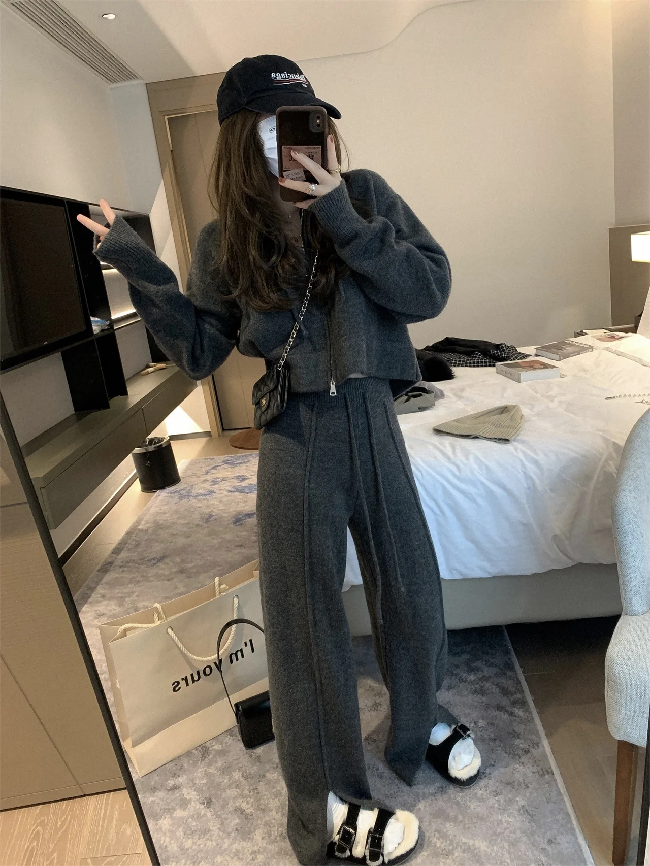 Spring and Autumn Women's Sweater Suit Hooded Knit Sweater Wide-leg Pants Two Piece Set Lazy Casual Knitwear Cardigan Lady Suit