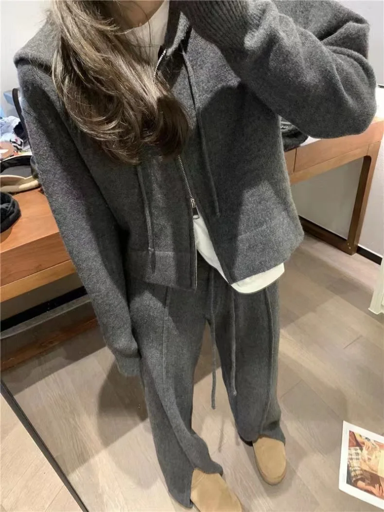 Spring and Autumn Women's Sweater Suit Hooded Knit Sweater Wide-leg Pants Two Piece Set Lazy Casual Knitwear Cardigan Lady Suit