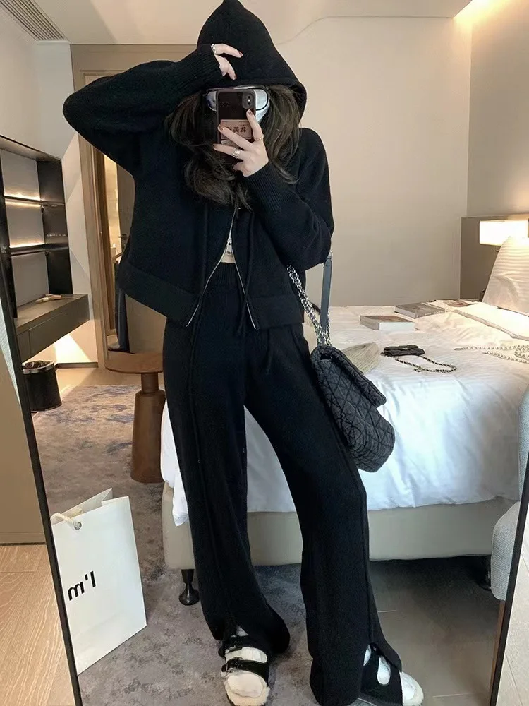 Spring and Autumn Women's Sweater Suit Hooded Knit Sweater Wide-leg Pants Two Piece Set Lazy Casual Knitwear Cardigan Lady Suit