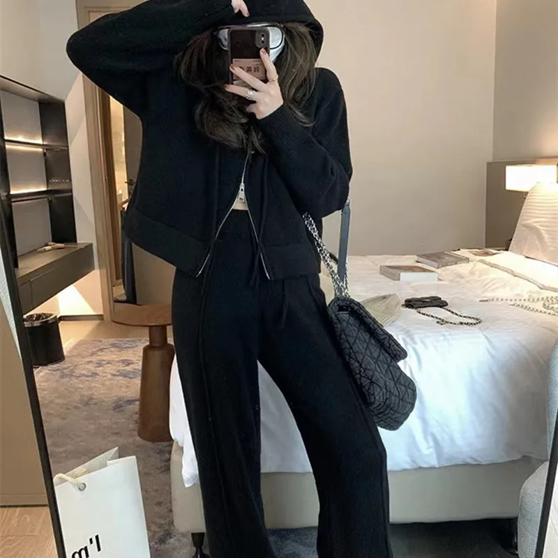 Spring and Autumn Women's Sweater Suit Hooded Knit Sweater Wide-leg Pants Two Piece Set Lazy Casual Knitwear Cardigan Lady Suit