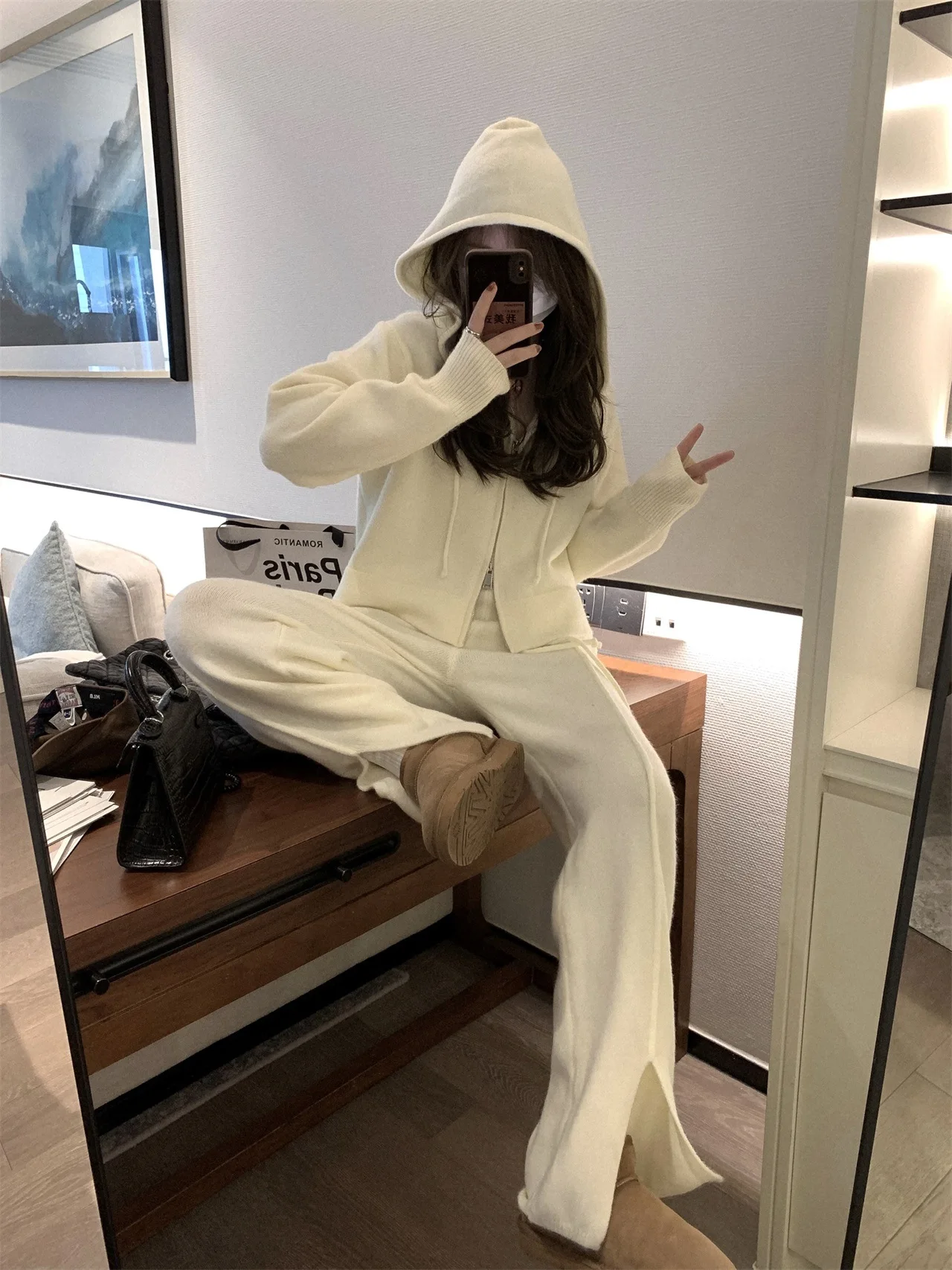 Spring and Autumn Women's Sweater Suit Hooded Knit Sweater Wide-leg Pants Two Piece Set Lazy Casual Knitwear Cardigan Lady Suit