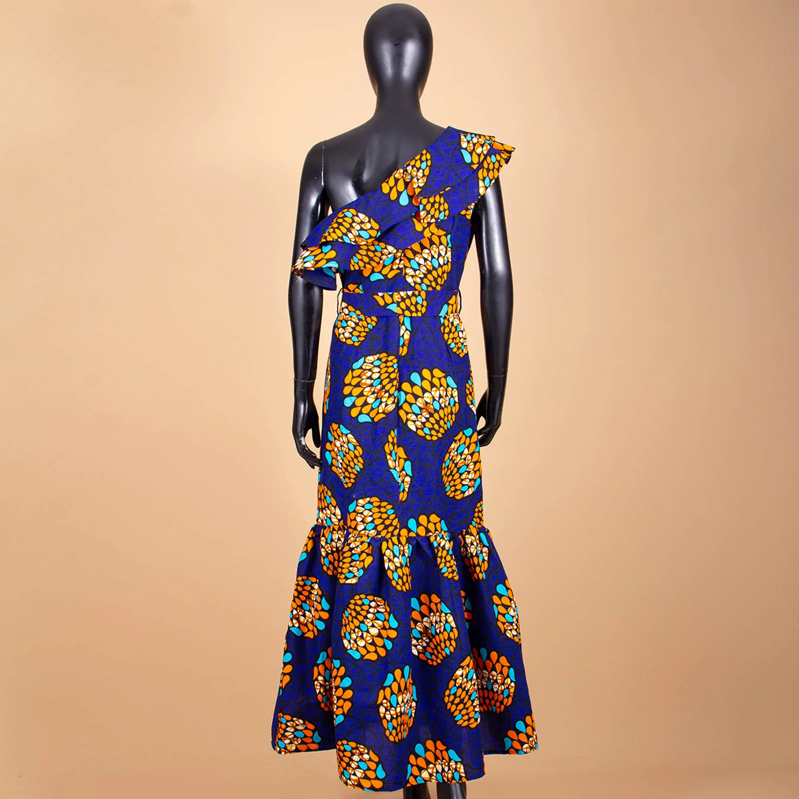 African Fashion Casual Dresses for Women AFRIPRIDE Tailor Made One Shoulder Fit and Flare Women Batik Cotton Dress A1825111