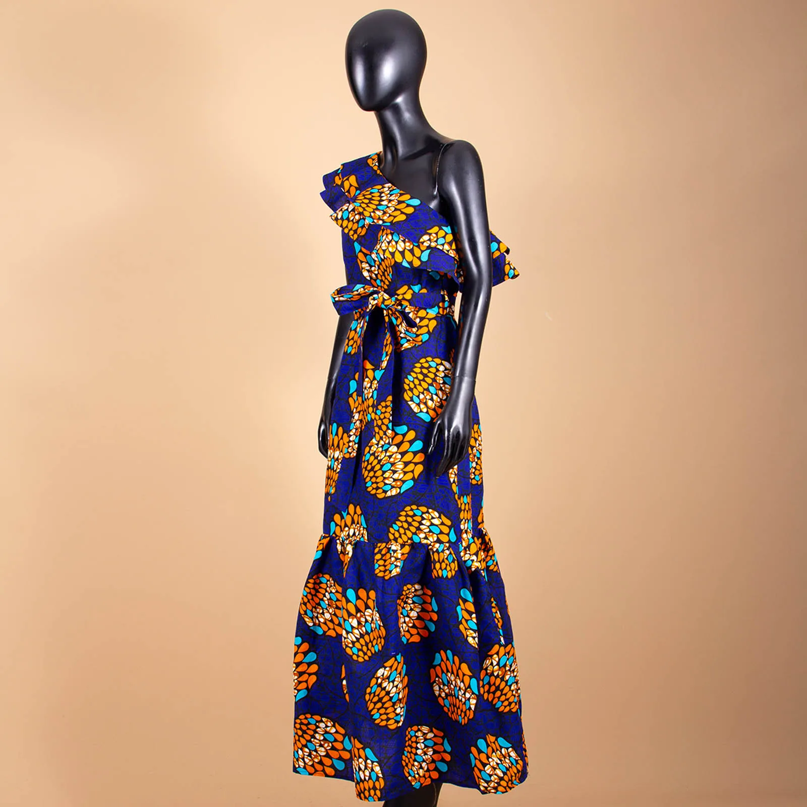 African Fashion Casual Dresses for Women AFRIPRIDE Tailor Made One Shoulder Fit and Flare Women Batik Cotton Dress A1825111