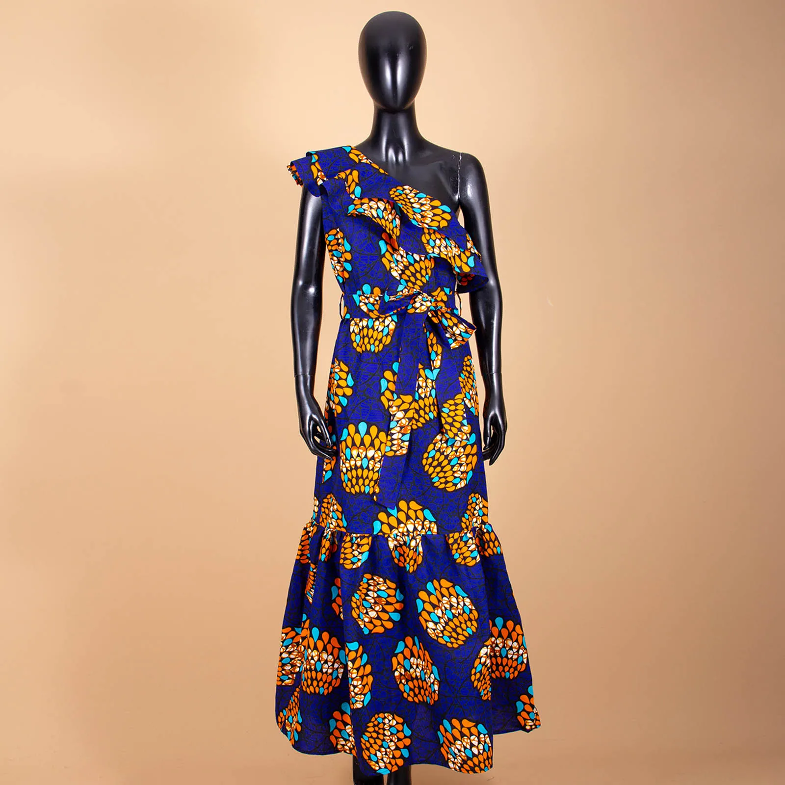 African Fashion Casual Dresses for Women AFRIPRIDE Tailor Made One Shoulder Fit and Flare Women Batik Cotton Dress A1825111