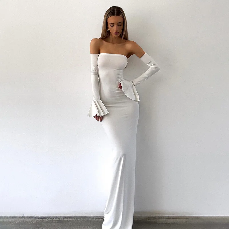 Nsauye Autumn Chic Elegant Women Sexy Evening Birthday Party Night Club Dress Off Shoulder Long Sleeve Maxi Bodycon Dress 2024