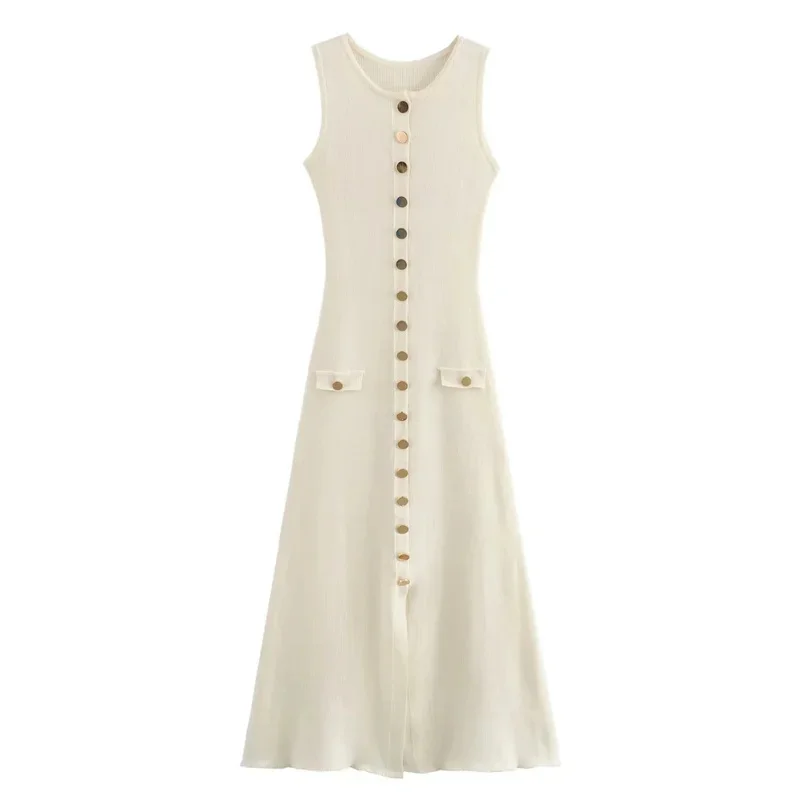 Tossy Knit Ribbed Cardigan Maxi Dress Female High Waist Slim Pocket Sleeveless Elegant Party Dress Women's Knitwear Long Dress