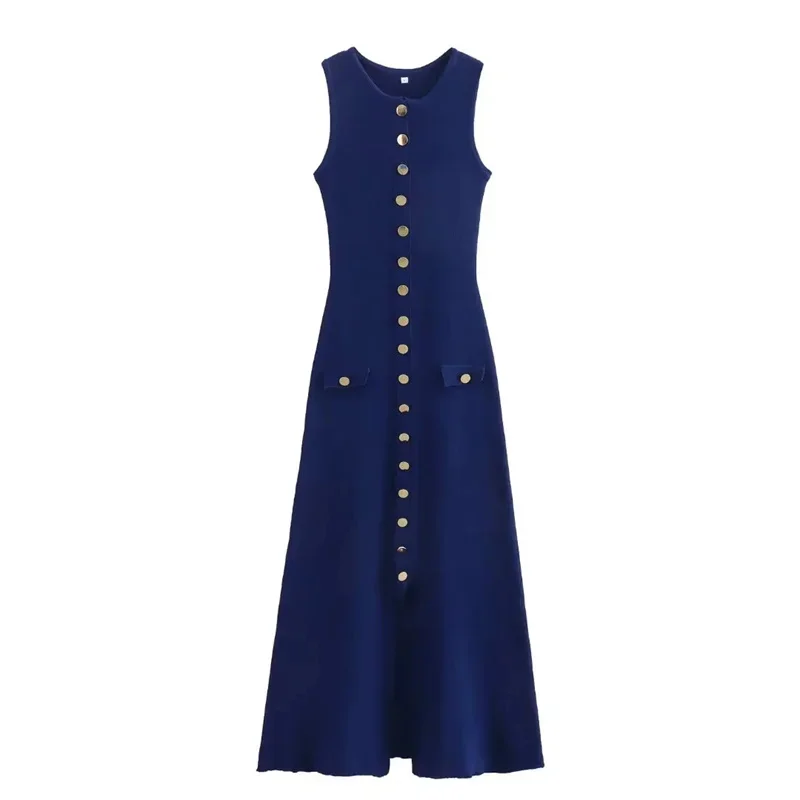 Tossy Knit Ribbed Cardigan Maxi Dress Female High Waist Slim Pocket Sleeveless Elegant Party Dress Women's Knitwear Long Dress